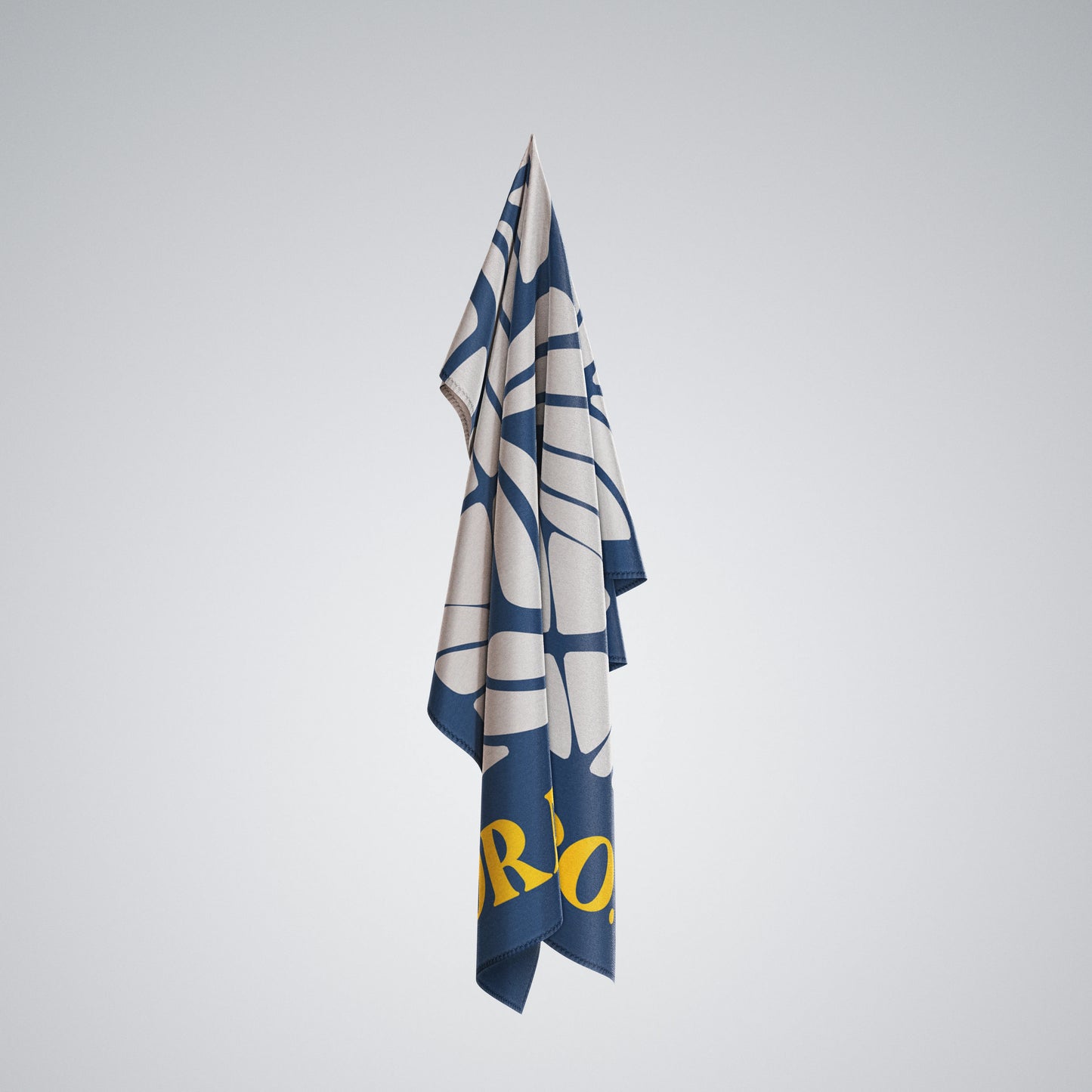 Coralia & Co. Large Quick Dry Microfiber Beach Towel - Ocean Breeze navy blue and beige stripes angle view