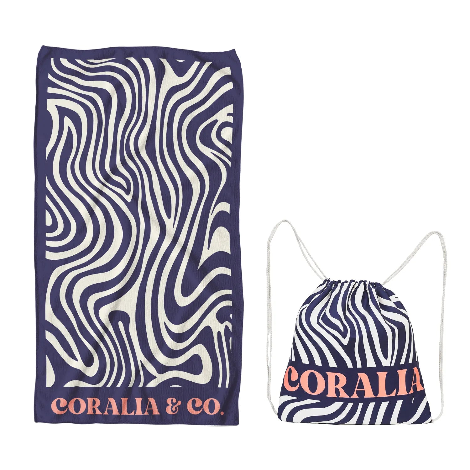 Coralia & Co. 2-in-1 Beach Towel Backpack - Coral Waves close-up of quick-dry microfiber texture and drawstring closure