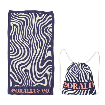 Coralia & Co. 2-in-1 Beach Towel Backpack - Coral Waves close-up of quick-dry microfiber texture and drawstring closure
