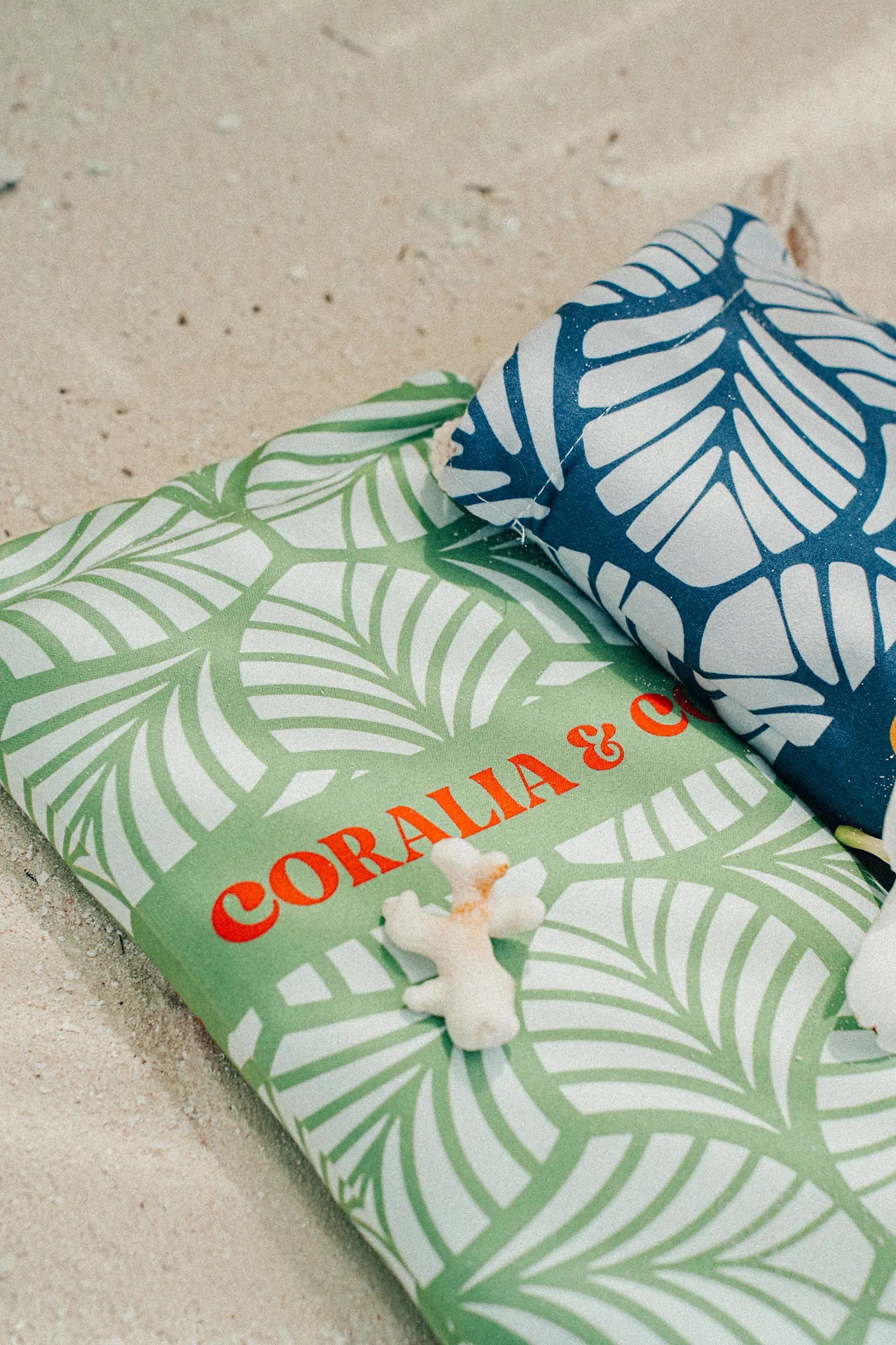 Coralia & Co. Large Quick Dry Microfiber Beach Towel - Mint Palm extra-large size with sand-resistant mint green and white design at