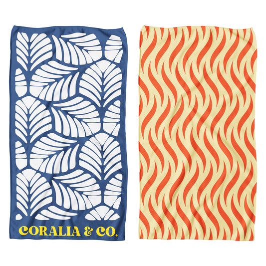 Coralia & Co. Large Quick Dry Microfiber Beach Towel - Ocean Breeze dual-sided view with tropical colors