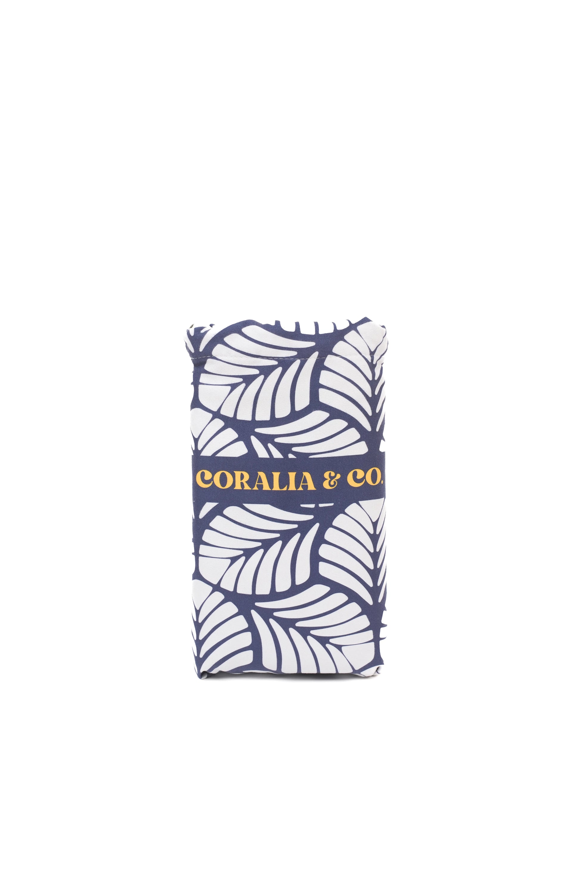 Coralia & Co. Large Quick Dry Microfiber Beach Towel - Ocean Breeze in navy blue and yellow, showing 2-in-1 design and compact style