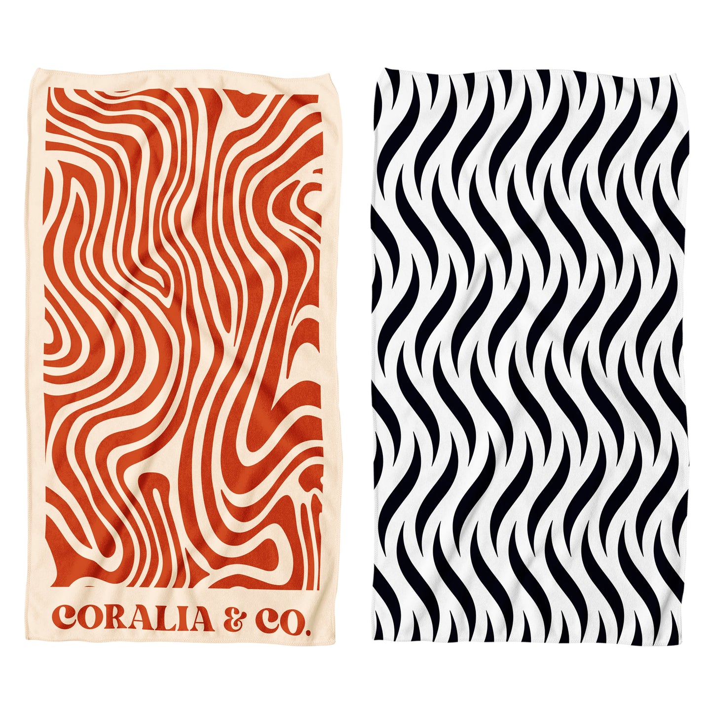 Coralia & Co. Large Quick Dry Microfiber Beach Towel - Ocean Breeze close-up of burnt orange and black graphic design