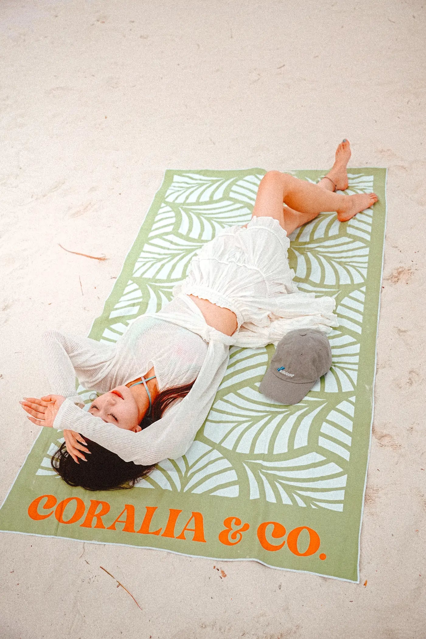 Coralia & Co. Large Quick Dry Microfiber Beach Towel - Mint Palm extra-large size and sand-resistant feature in mint green and light