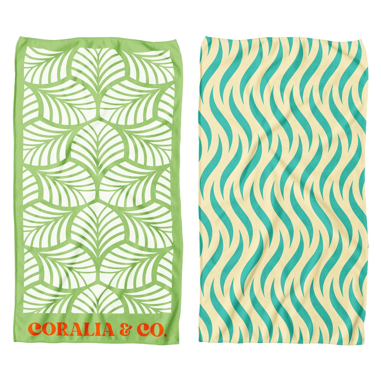 Coralia & Co. Large Quick Dry Microfiber Beach Towel - Coral Waves in vibrant green and teal palette